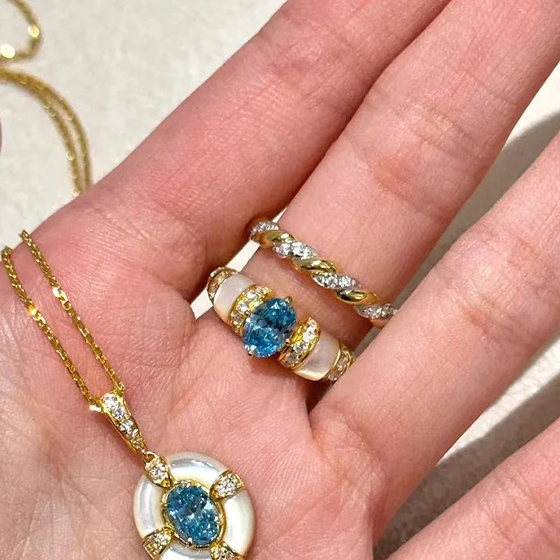Classic blue jewelry sets dreamy aquamarine gem White Fritillaria ring necklace High quality palace style retro wedding gift    Home Decor Supply | Online Retail | ShoreShopper.com
