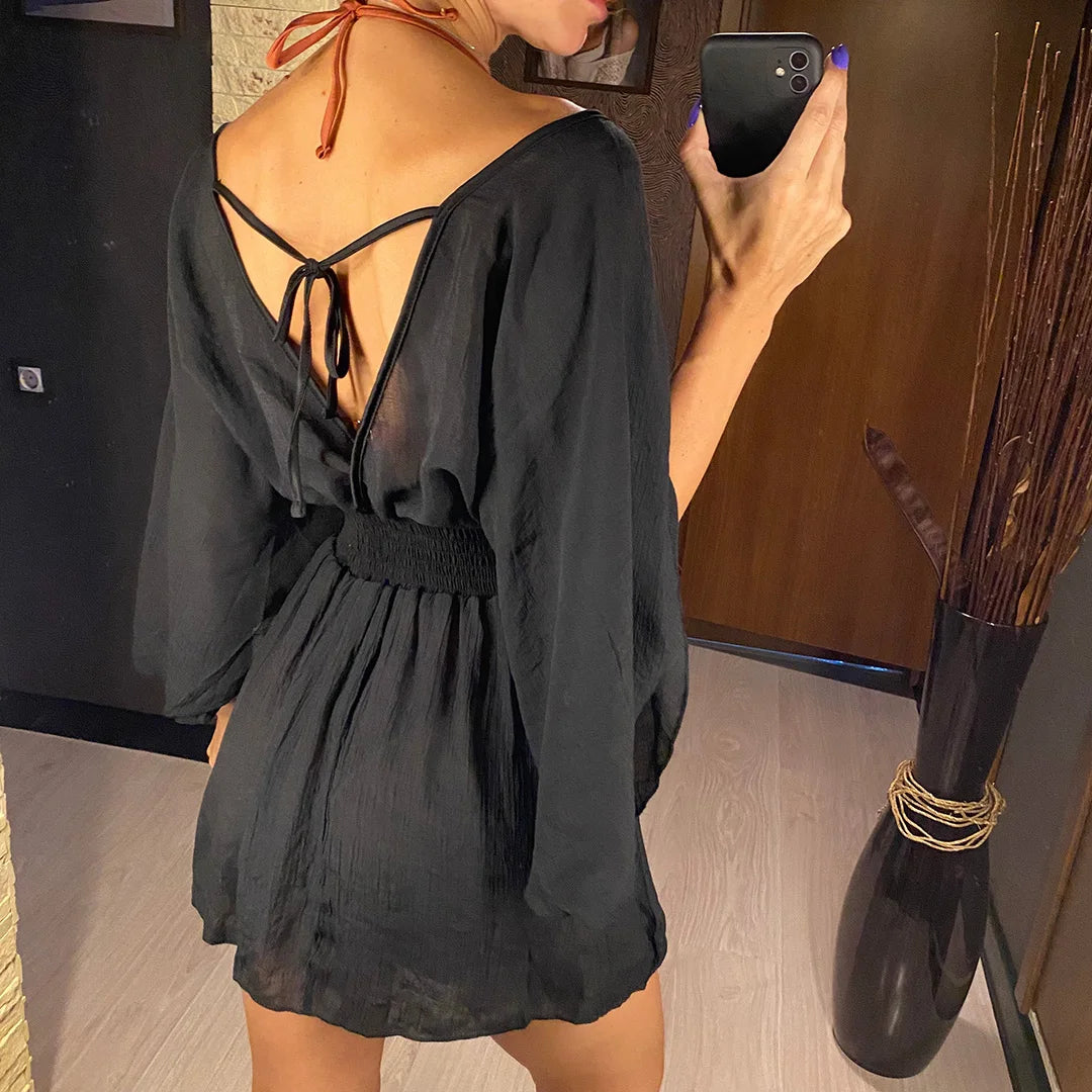 New Sexy V Neck Long Sleeve Backless Chiffon Tunic Beach Cover Up Beach Cover-ups Beach Dress Beach Wear Beachwear V3840    Your Coastal Marketplace | Shoreshopper.com