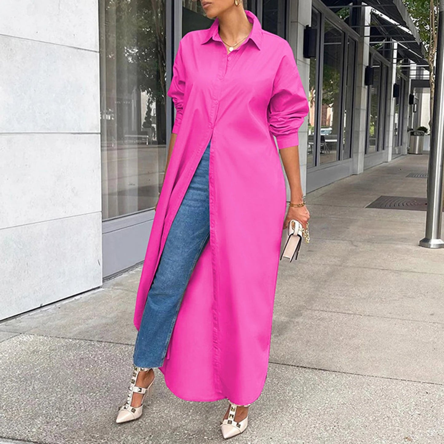 Women Shirt Windproof Shirt Dress Versatile Hem Stylish Autumn Winter Solid Color Shirt Long Dress    Your Coastal Marketplace | Shoreshopper.com