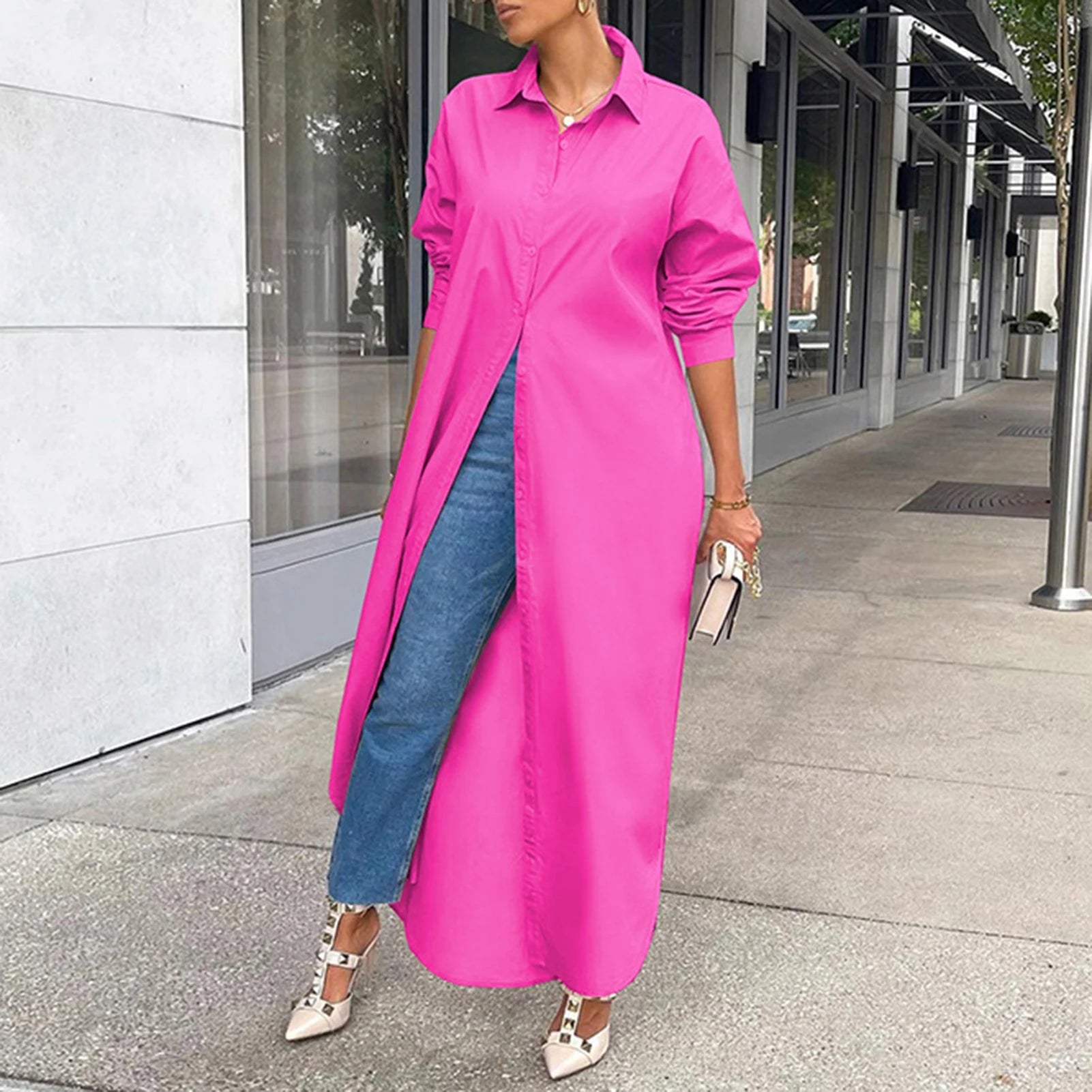 Women Shirt Windproof Shirt Dress Versatile Hem Stylish Autumn Winter Solid Color Shirt Long Dress    Your Coastal Marketplace | Shoreshopper.com