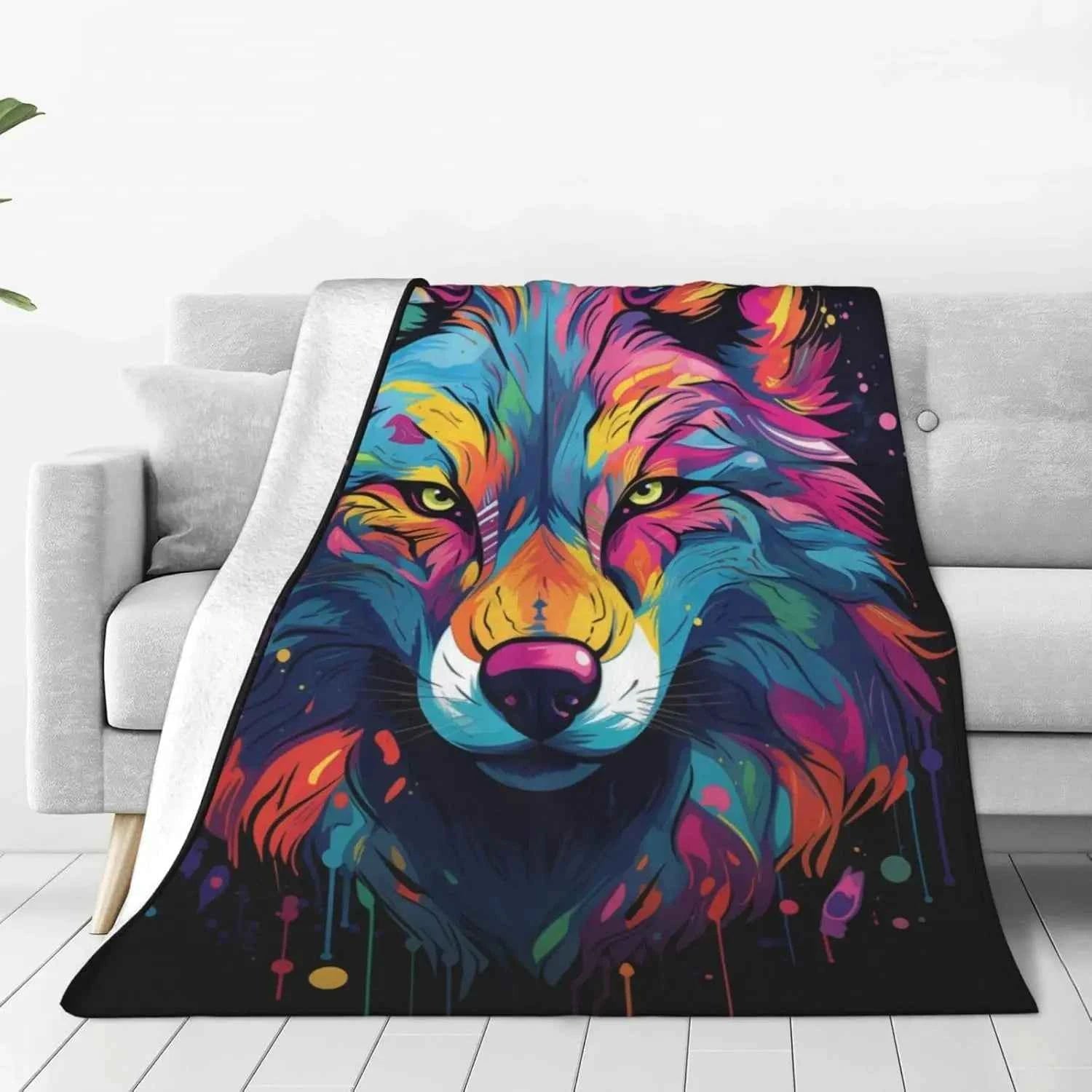 Colorful Wolf Blanket Wolf Fleece Blanket Gifts for Girls Kids Women Adults Lightweight Super Soft Plush Flannel Throw Blanket