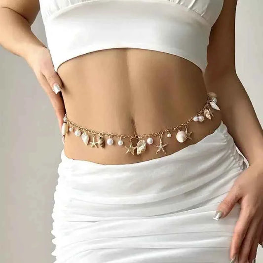 1Pc Boho Beach Shells Waist Chain Women's Starfish Pearl Tassel Pendant Belt Vacation Style Versatile Match Gift Accessories