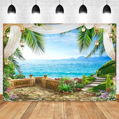 Summer Seaside Beach Photography Backdrop Natural Scenery Castle Tropical Sunshine Palms Leaves Photo Background Studio Props    Your Coastal Marketplace | Shoreshopper.com