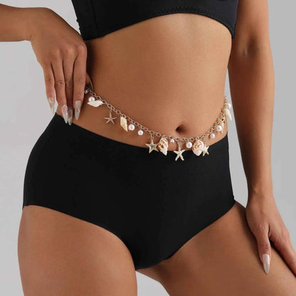 Bohemian Summer Beach Shell Waist Link Imitation Pearl Sea Star Conch Pendant Body Chain for Women Fashion Jewelry Accessories