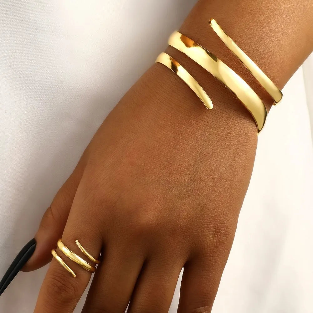 European and American Thick Bracelet and Ring Jewelry Set for Women Gold Color Geometric Line Bracelet Ring Combination Set Gift    Home Decor Supply | Online Retail | ShoreShopper.com