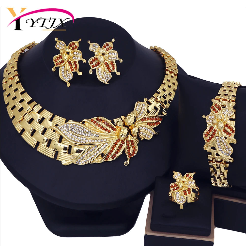 YTJX Wedding Jewelry Set Africal Big Flower Choker Necklace Fine Zircon Bracelet Piercing Earring Ring 18K Gold Plated Jewellery    Home Decor Supply | Online Retail | ShoreShopper.com