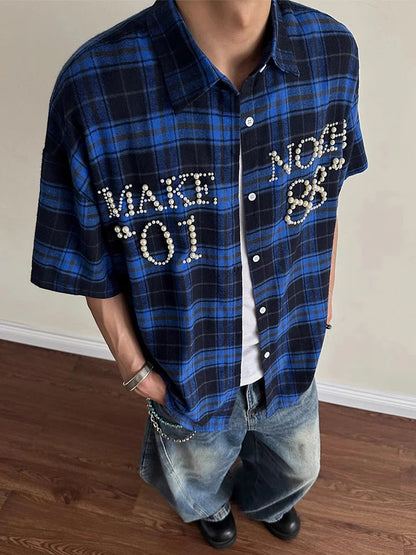 Trendy Pearls Stitching Shirts For Men 2025 Summer New Casual Plaid Shirt Mens Vintage Button-up Turn-down Collar Cardigan Tops    Home Decor Supply | Online Retail | ShoreShopper.com