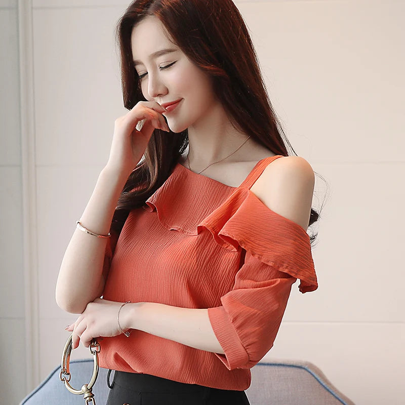 Women's Shirt Tops One-Shoulder Ruffles Short-sleeved Chiffon Blouse    Your Coastal Marketplace | Shoreshopper.com