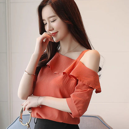 Women's Shirt Tops One-Shoulder Ruffles Short-sleeved Chiffon Blouse    Your Coastal Marketplace | Shoreshopper.com