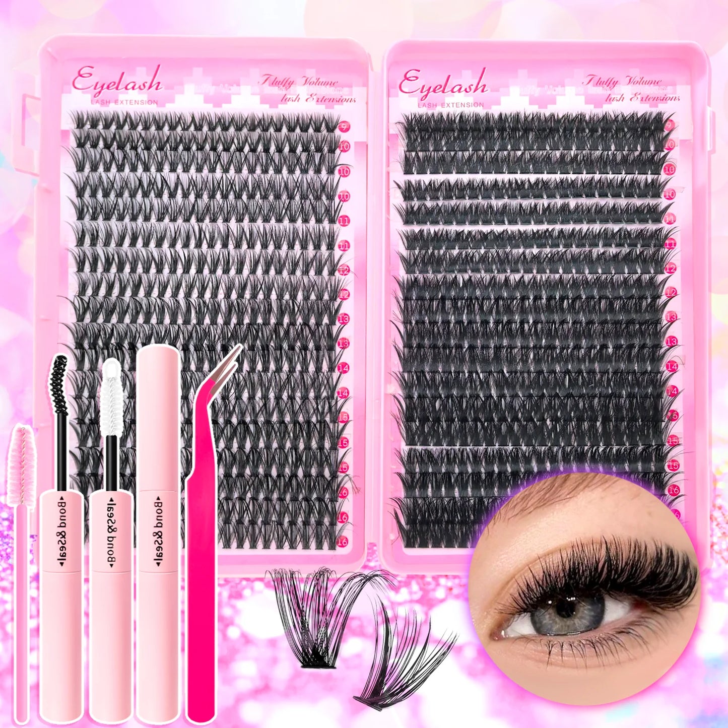 720/200pcs eyelash Extension Kit Fluffy Eyelash Extension kit with Lash Bond and Seal Lash Tweezers Thick Lash Clusters Wispy - ShoreCo.Shop