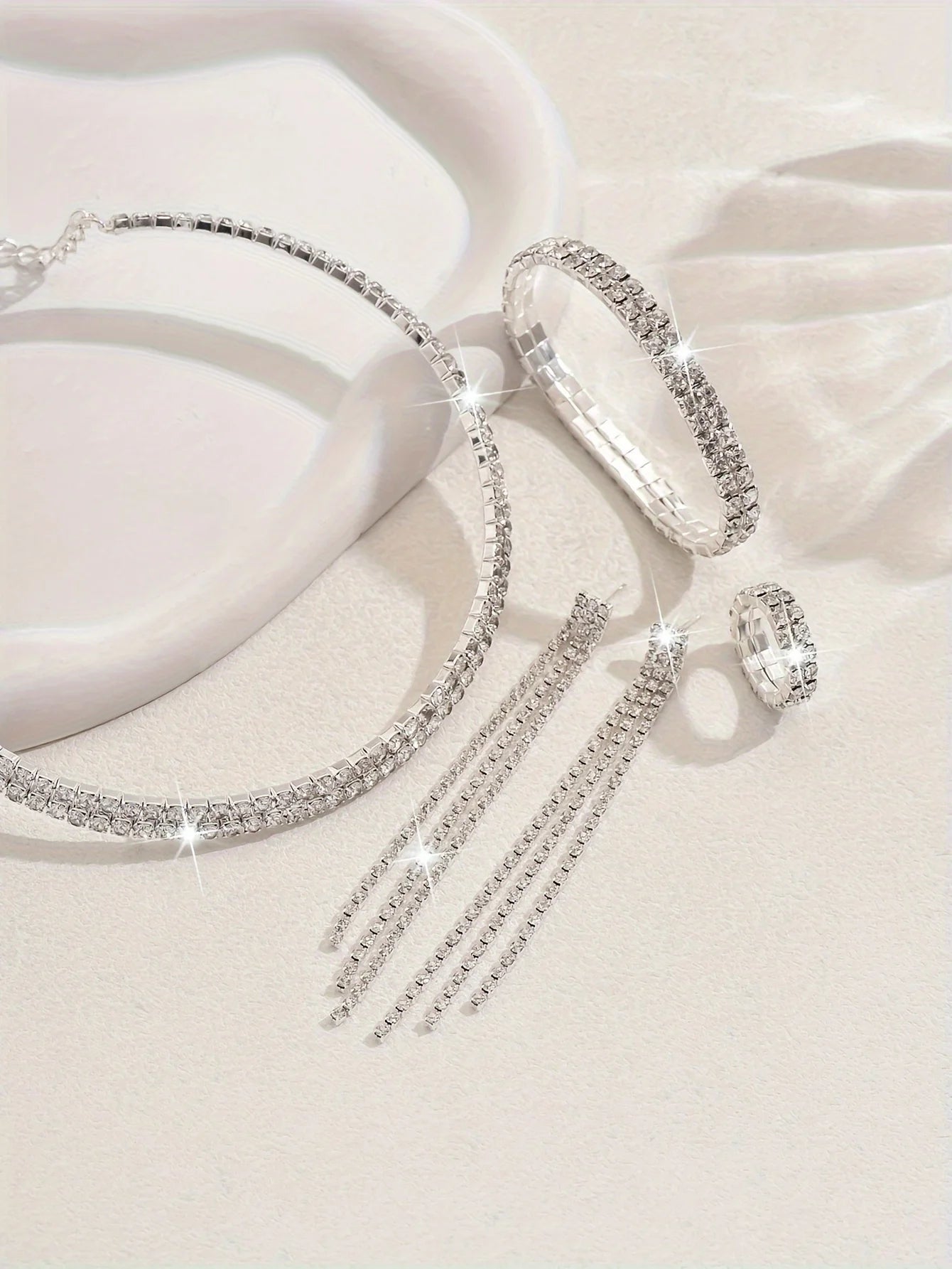 5pcs Luxurious Rhinestone Jewelry Set for Women,Choker, Earrings, Stretch Bracelet & Ring for Weddings, Banquets & Parties    Home Decor Supply | Online Retail | ShoreShopper.com