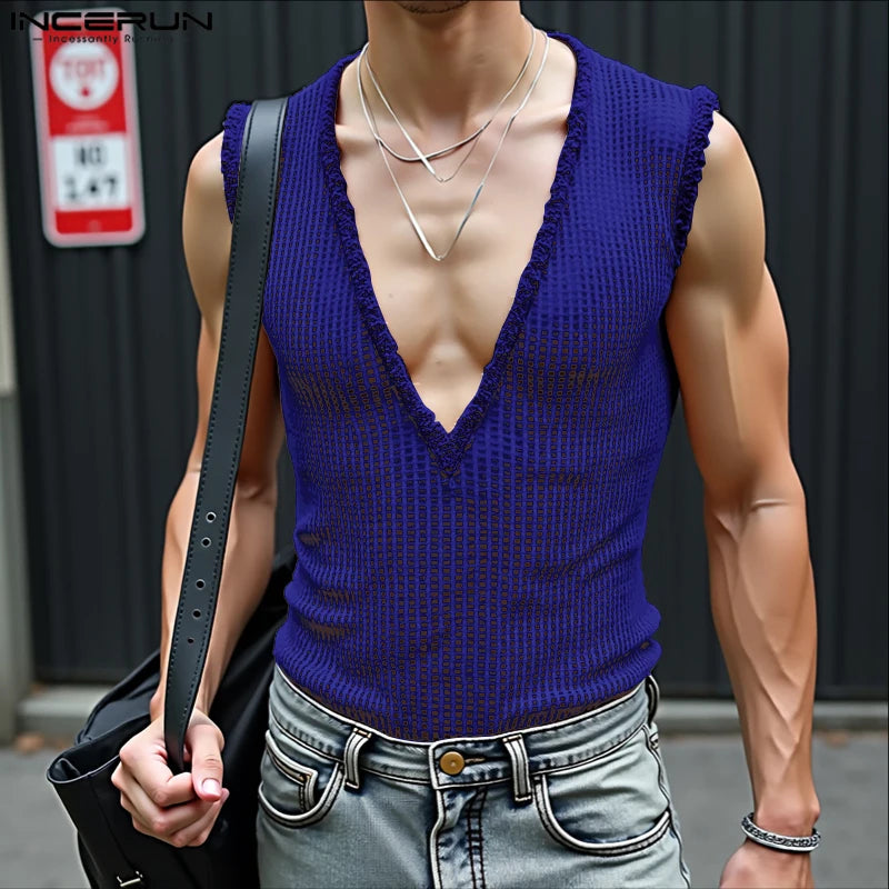 INCERUN Men Tank Tops Hollow Out Mesh See Through Sexy Tassel Male Vests Summer 2025 Solid Color Fashion Streetwear Men Clothing - ShoreCo.Shop