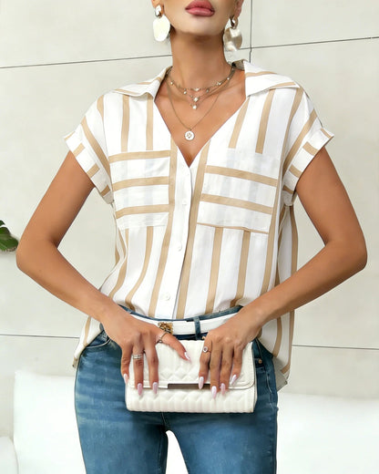 Women's Blouse Shirt Summer Top Navy White Top Vertical Stripe V Neck Short Sleeve Sleek Stylish Daily Shirt Casual Tops    Your Coastal Marketplace | Shoreshopper.com