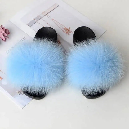 Summer Women Fur Slides Fluffy Furry Slippers Indoor Fuzzy Flip Flops Casual Outdoor Flat Ladies Fur Sandals Plush House Shoes - ShoreCo.Shop