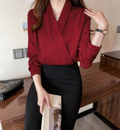 Women's Shirt, New 2026 Spring & Autumn Style, Cross V-Neck Long Sleeve Versatile Top    Your Coastal Marketplace | Shoreshopper.com