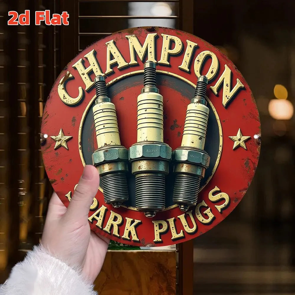 Vintage Champion Spark Plug Logo Metal Wall Art - 19.81cm Round Aluminum Sign with Red & Golden Racing Design, Automotive Engine    Home Decor Supply | Online Retail | ShoreShopper.com