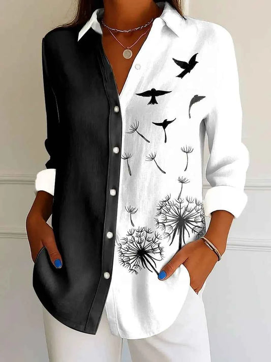 Women's Shirt For Spring Autumn Tops Elegant Dandelion Floral Graphic Bird Pint Long Sleeve Shirt Streetwear Casual Ladies Shirt