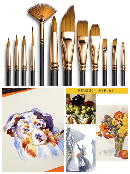 12pcs Nylon Bristle Brush Set Flat Brushes Watercolor Oil Paint For Artists Amateur And Acrylic Paintings Fabric Brushes    Home Decor Supply | Online Retail | ShoreShopper.com