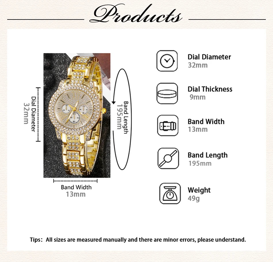 Women's Quartz Watch Gold Luxury Women Ring Necklace Earring Rhinestone Fashion Wristwatch Casual Ladies Watches Jewelry Set    Home Decor Supply | Online Retail | ShoreShopper.com