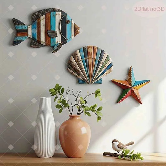 1 Set of Colorful Wooden Ocean Art Wooden Sea Fish Shells Starfish Farmhouse Style Decor Living Room Bedroom Wall Art Decoration