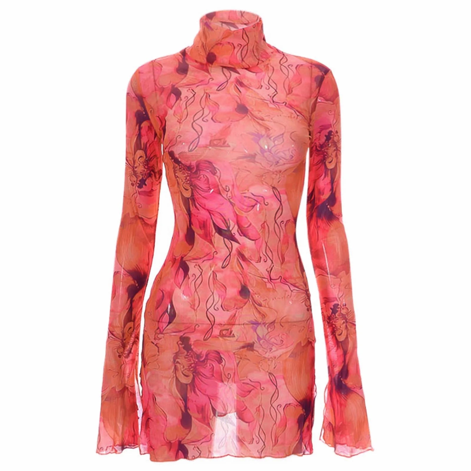 Top Selling Mesh Printed Round Neck Womens Dresses For Teens Plus Size Bell Sleeve Side Open Hip Dress Vestidos Para Mujer    Home Decor Supply | Online Retail | ShoreShopper.com