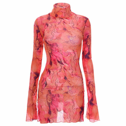 Top Selling Mesh Printed Round Neck Womens Dresses For Teens Plus Size Bell Sleeve Side Open Hip Dress Vestidos Para Mujer    Home Decor Supply | Online Retail | ShoreShopper.com