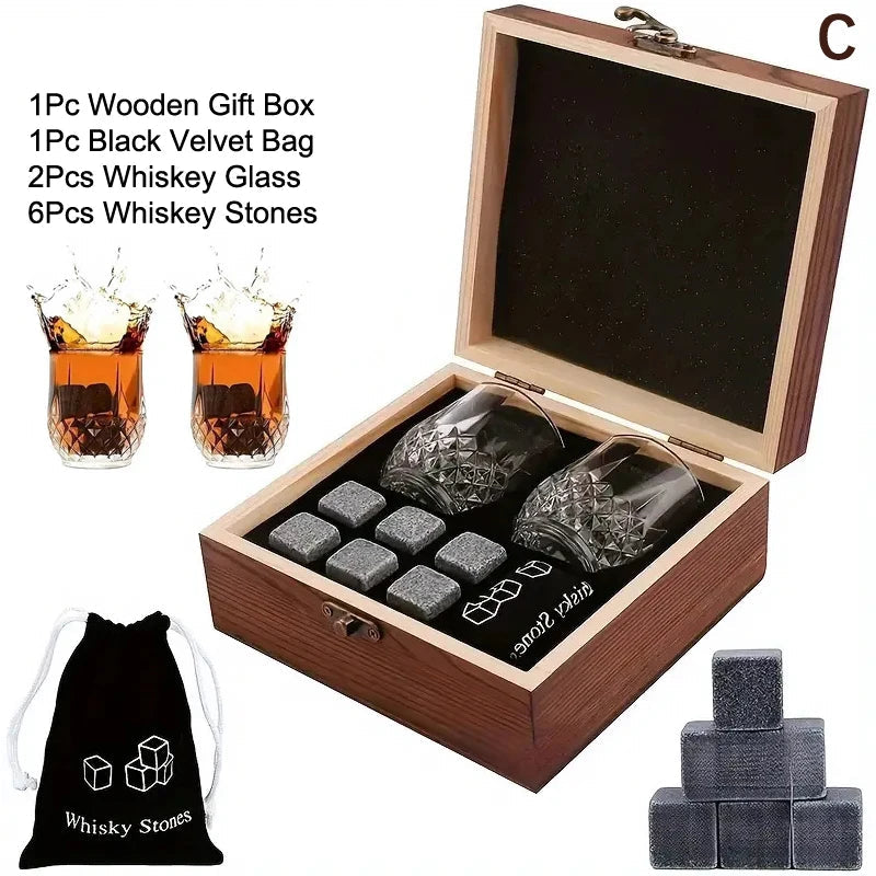 Father'S Day Gift For Men Whiskey Stones Set 8 Pcs Granite Ice Cubes+ 2 Pcs Cups For Whisky In Wooden Bottle Box Present For Dad    Your Coastal Marketplace | Shoreshopper.com