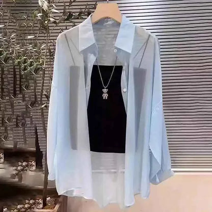 New Women's Shirt | Lightweight Breathable, Solid Color, Straight Button Placket, Lapel, Long-Sleeve, Outerwear & Sun-Protective