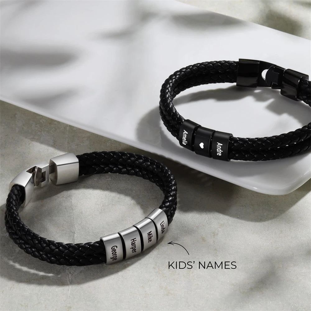 Fathers Day Gift Personalized Men's Leather Bracelet Custom Engraved Kid Names Beads Bracelets for Dad Husband Punk Jewelry Boy    Your Coastal Marketplace | Shoreshopper.com