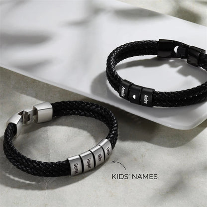Fathers Day Gift Personalized Men's Leather Bracelet Custom Engraved Kid Names Beads Bracelets for Dad Husband Punk Jewelry Boy    Your Coastal Marketplace | Shoreshopper.com
