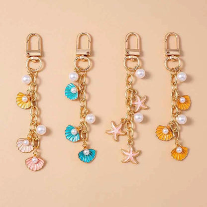 Fashion Summer Beach Shell Pearl Starfish Keychain for Women Men Car Key Handbag Purse Hanging Key Chains DIY Accessories