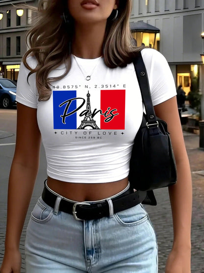 Paris City Of Love Since 259 Art Letter Print Women T Shirt Summer Short Sleeve Hip Hop Crewneck Clothes Slim Yoga Crop T-Shirts    Home Decor Supply | Online Retail | ShoreShopper.com