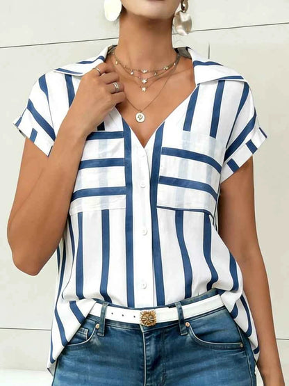Women's Blouse Shirt Summer Top Navy White Top Vertical Stripe V Neck Short Sleeve Sleek Stylish Daily Shirt Casual Tops
