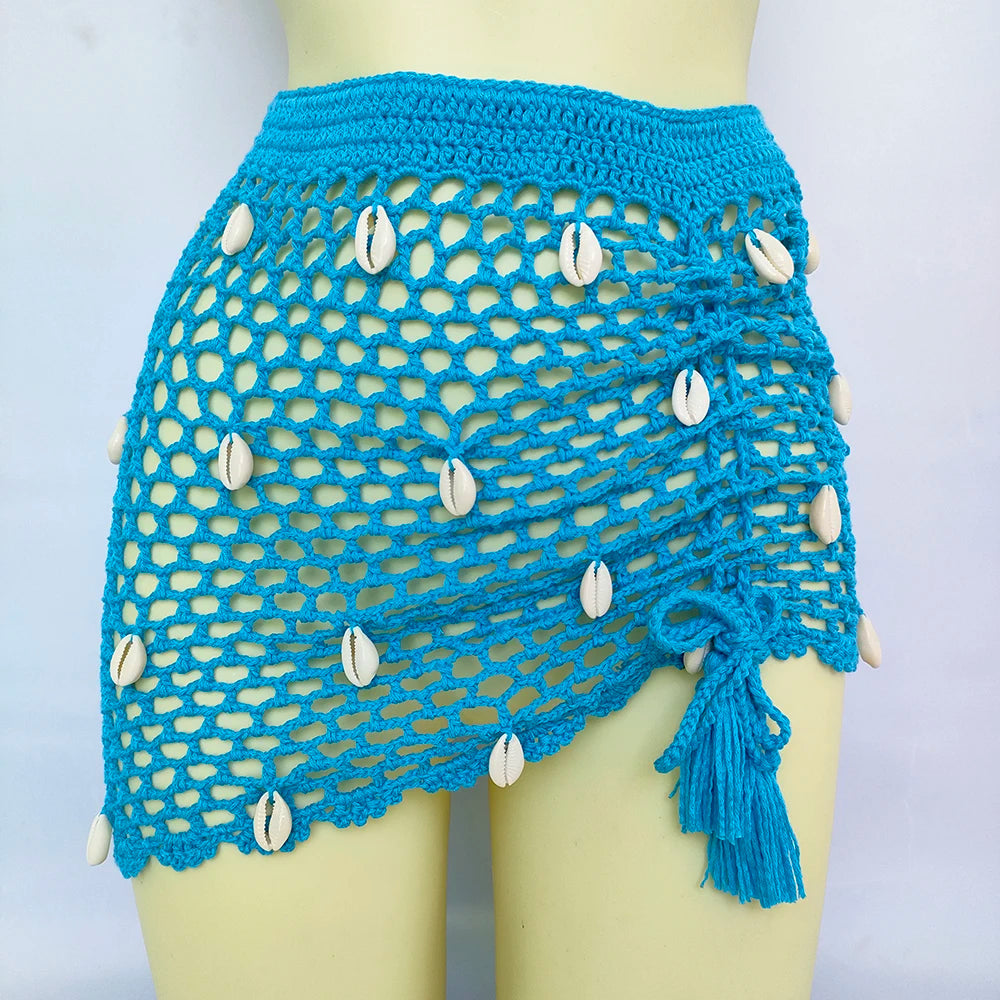 Women Beach Wear Swimsuit Cover-Ups Boho Summer See-Through Hollow Out Bandage High Waist Short Beach Skirt Crochet Knit Skirts    Your Coastal Marketplace | Shoreshopper.com