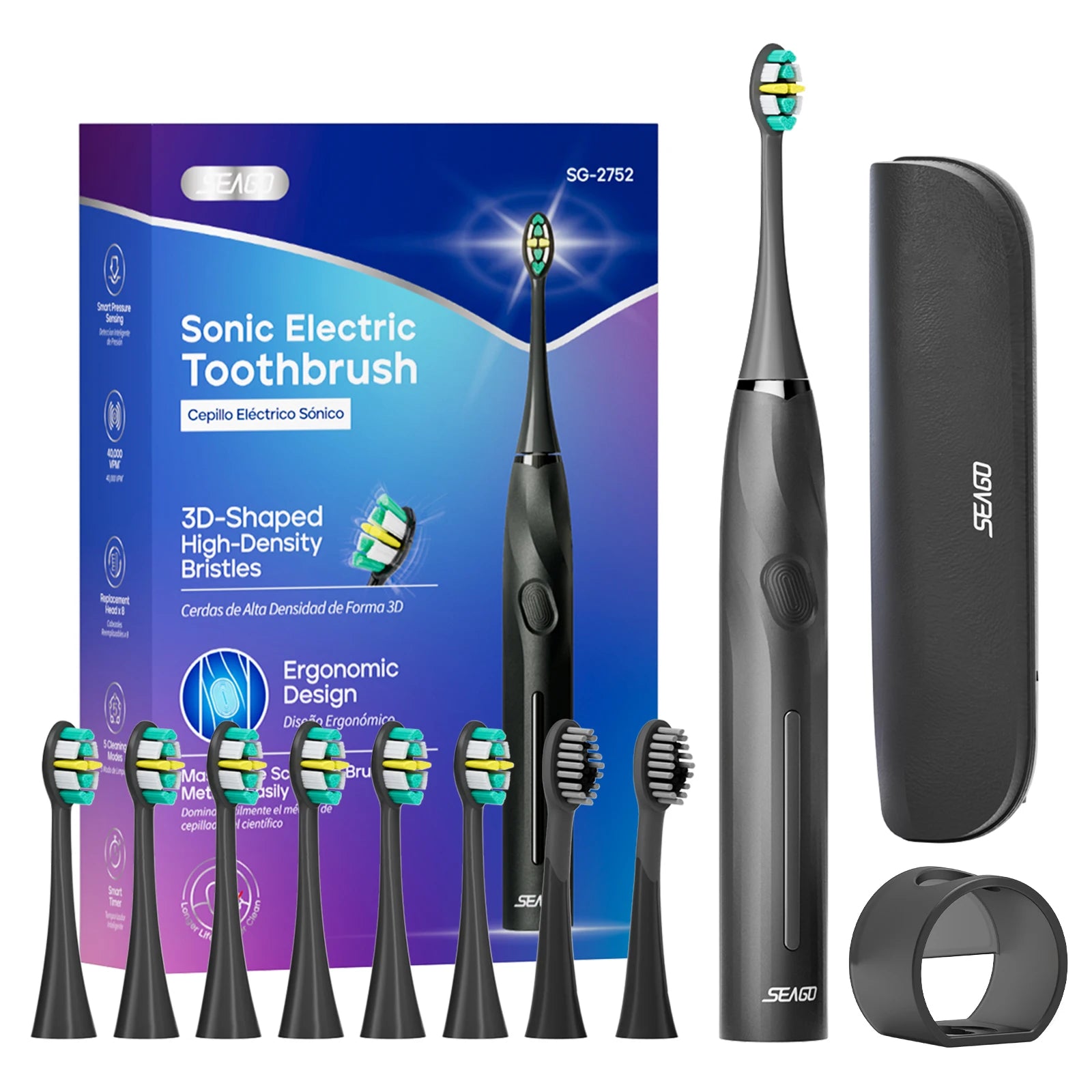 SEAGO Electric Toothbrush with 8 Soft Bristle Heads for Adults Pressure Sensor 5 Modes with 2 Minutes Smart Timer SG-2752 - ShoreCo.Shop