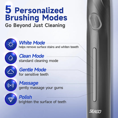 SEAGO Electric Toothbrush with 8 Soft Bristle Heads for Adults Pressure Sensor 5 Modes with 2 Minutes Smart Timer SG-2752 - ShoreCo.Shop
