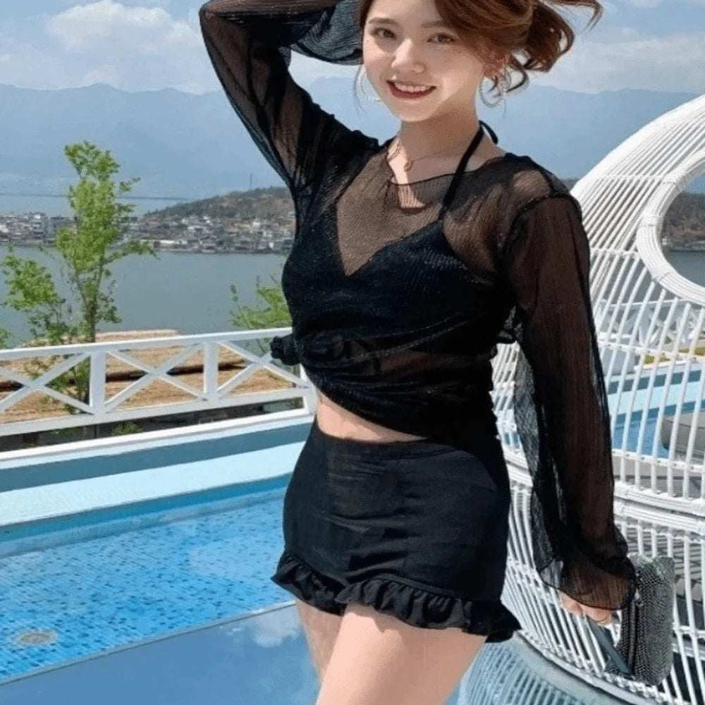 Beachwear Ruffles Bikini Set Slim Fit Lace-up Long Sleeve Swimsuit Sun Protection Transparent Pullover Swimming Suit Resort    Your Coastal Marketplace | Shoreshopper.com