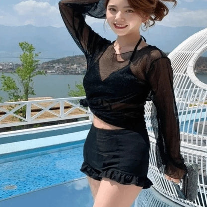 Beachwear Ruffles Bikini Set Slim Fit Lace-up Long Sleeve Swimsuit Sun Protection Transparent Pullover Swimming Suit Resort    Your Coastal Marketplace | Shoreshopper.com