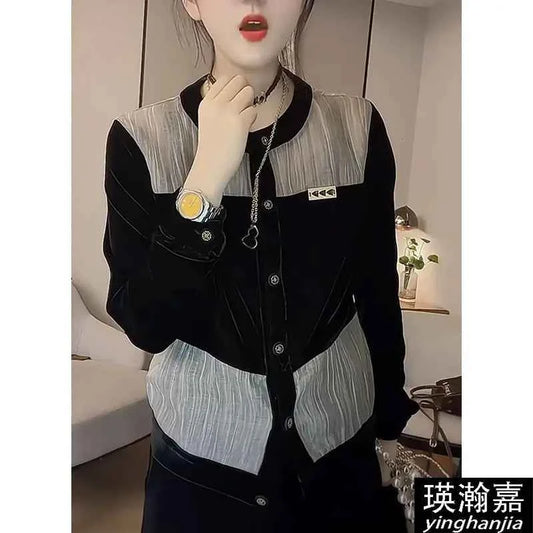 Fashionable Women's Shirt 2025 Autumn New Round Neck Single-breasted Cardigan Spliced   sequin Velvet Shirt