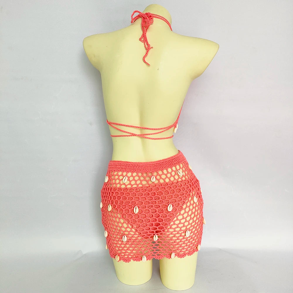 Women Beach Wear Swimsuit Cover-Ups Boho Summer See-Through Hollow Out Bandage High Waist Short Beach Skirt Crochet Knit Skirts    Your Coastal Marketplace | Shoreshopper.com