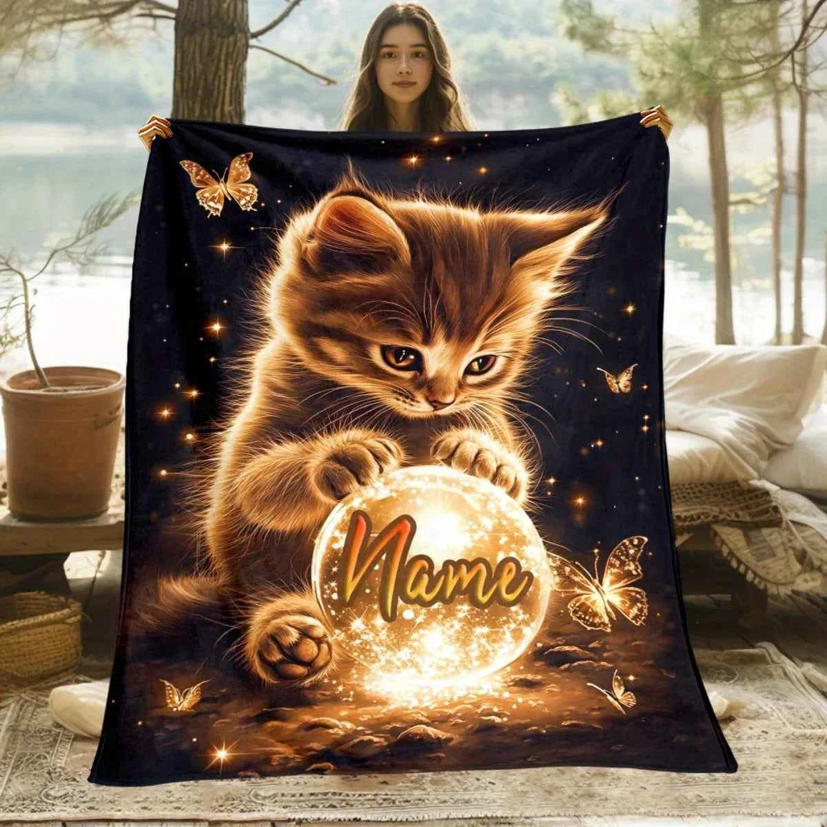Personalized Kitten Blanket Magical Cat Holding Crystal Ball Name Custom Soft Fleece Throw Blanket Kids Room Decor Gift