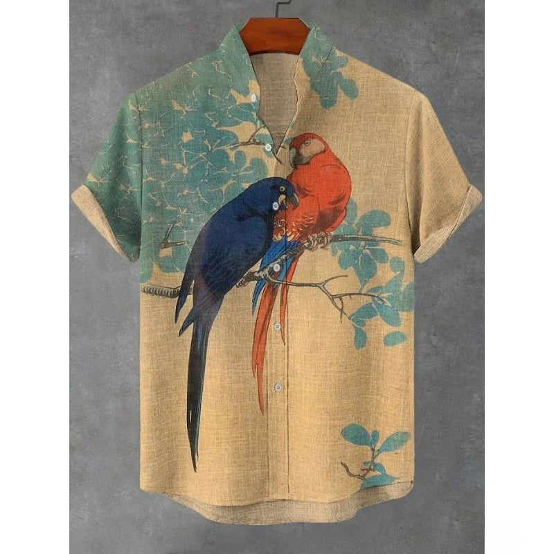 Men's Japanese Parrot Sakura Art Print Casual Shirt Men Blouses Summer Stand Collar Shirts Hawaiian Top Streetwear    Home Decor Supply | Online Retail | ShoreShopper.com