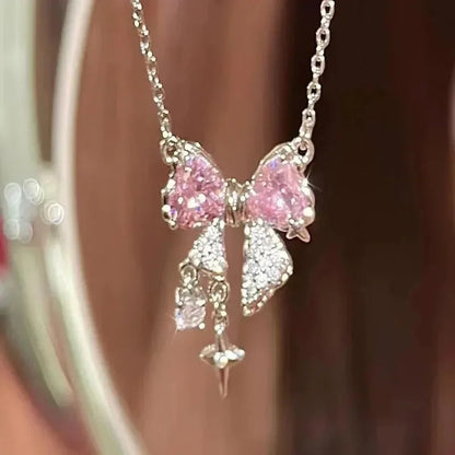 Fashion Fairy Pink Crystal Bow Knot Pendant Necklaces Y2K Girls Sweet Rhinestone Heart Clavicle Chain Women Jewelry Gifts    Home Decor Supply | Online Retail | ShoreShopper.com