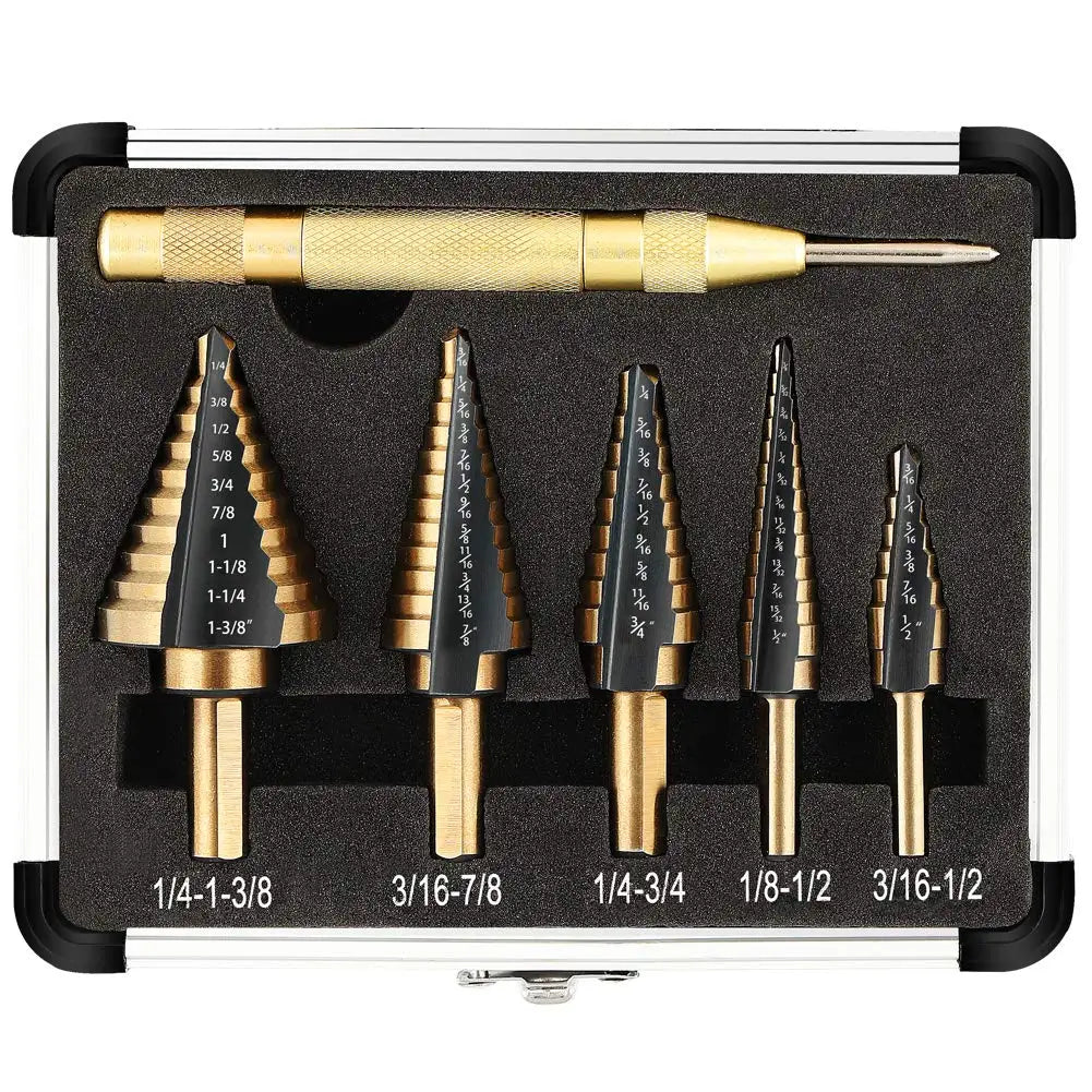 Step Drill Bit Set 5-Piece Titanium-Coated High Speed Steel with Automatic Center Punch for Drilling Sheet Metal Step Drill Bit    Home Decor Supply | Online Retail | ShoreShopper.com