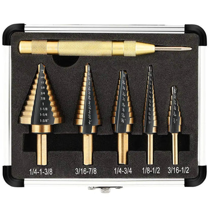 Step Drill Bit Set 5-Piece Titanium-Coated High Speed Steel with Automatic Center Punch for Drilling Sheet Metal Step Drill Bit    Home Decor Supply | Online Retail | ShoreShopper.com
