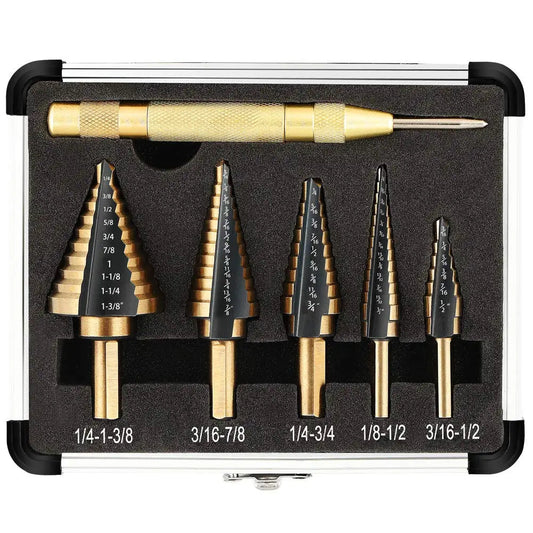 Step Drill Bit Set 5-Piece Titanium-Coated High Speed Steel with Automatic Center Punch for Drilling Sheet Metal Step Drill Bit    Home Decor Supply | Online Retail | ShoreShopper.com