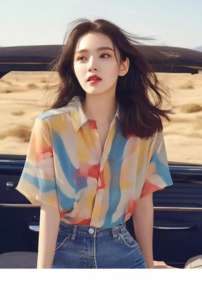 French Chic Top Print Versatile Elegant Casual Chiffon Short-sleeved Shirt for Women    Home Decor Supply | Online Retail | ShoreShopper.com