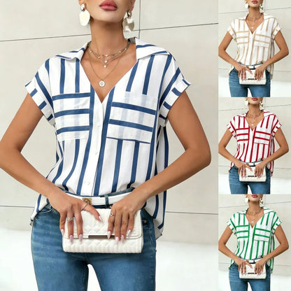 Women's Blouse Shirt Summer Top Navy White Top Vertical Stripe V Neck Short Sleeve Sleek Stylish Daily Shirt Casual Tops    Your Coastal Marketplace | Shoreshopper.com