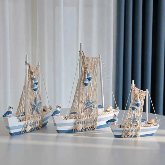 2025 Mediterranean Style Wooden Sailing Boat Model Ocean Style Desktop Ornament Crafts Small Wood Boat Kids Room Home Decor Gift