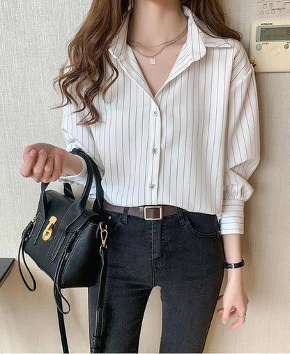 Striped Shirt Women Summer Vintage Chic Loose Long Sleeve Top Y2K Office Ladies Fashion Casual Turn Down Collar All Match Blouse    Your Coastal Marketplace | Shoreshopper.com